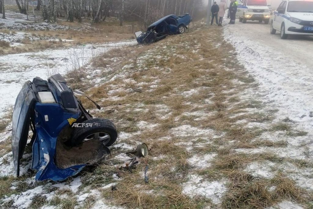 Жигули разорвало пополам после удара в столб на трассе под Новосибирском