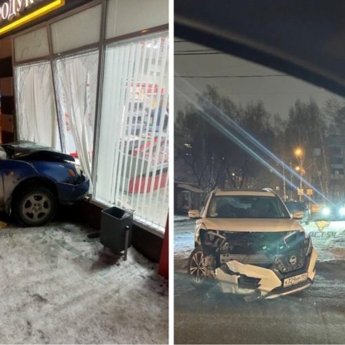 Автомобиль влетел в витрину магазина после ДТП в Новосибирске