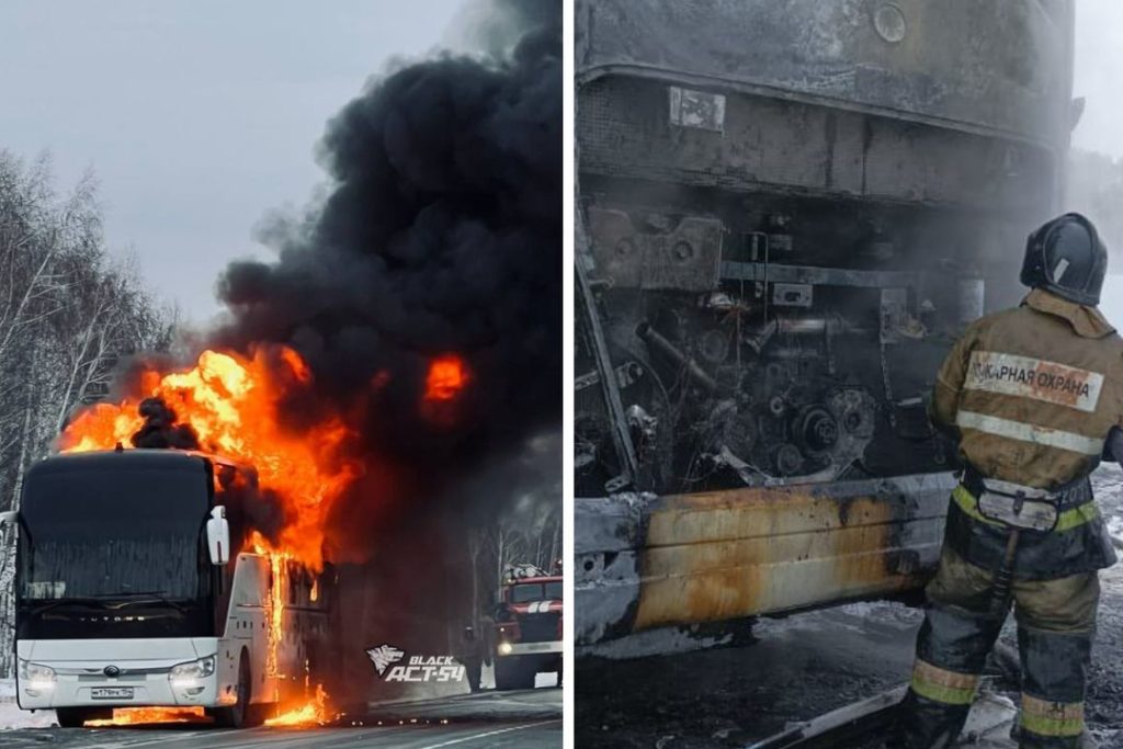 Рейсовый автобус с пассажирами загорелся на трассе под Новосибирском
