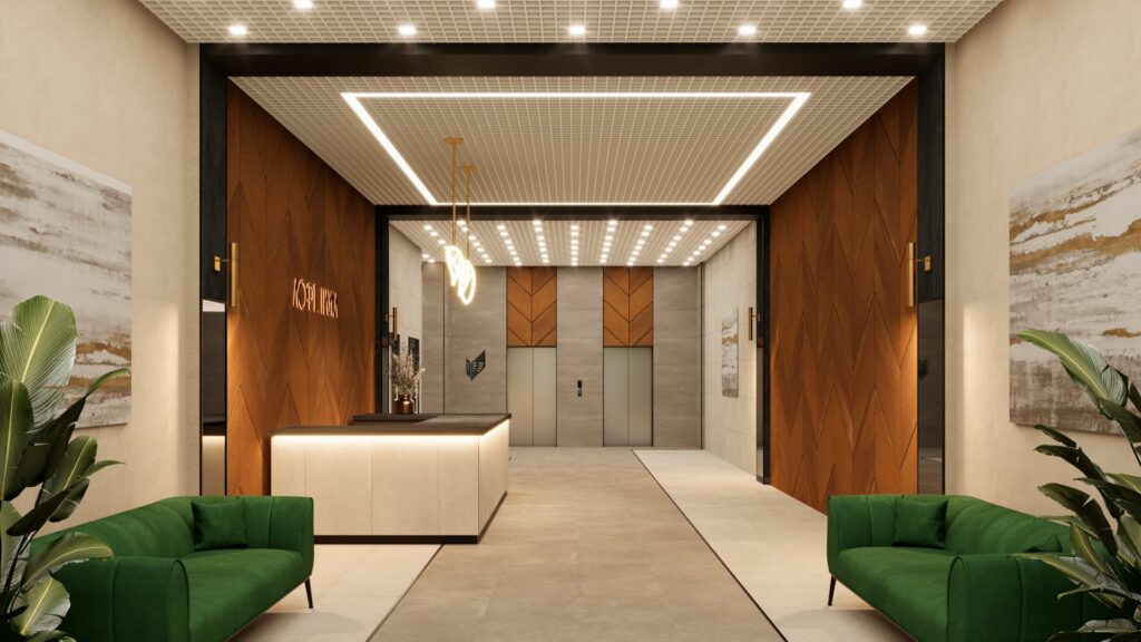 Современный урбанистический стиль апарт-отелю «Лофт.Наука» придают подъездные холлы, выполненные по авторскому дизайн-проекту.