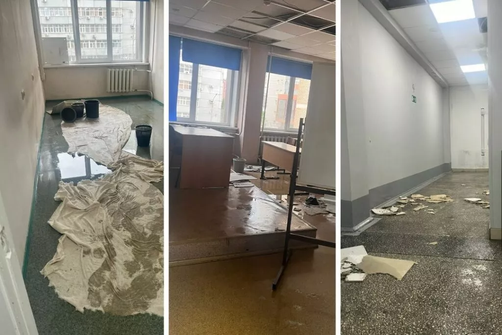 «Учимся в лужах и падает потолок»: сильный ливень затопил учебный корпус НГУЭУ в Новосибирске