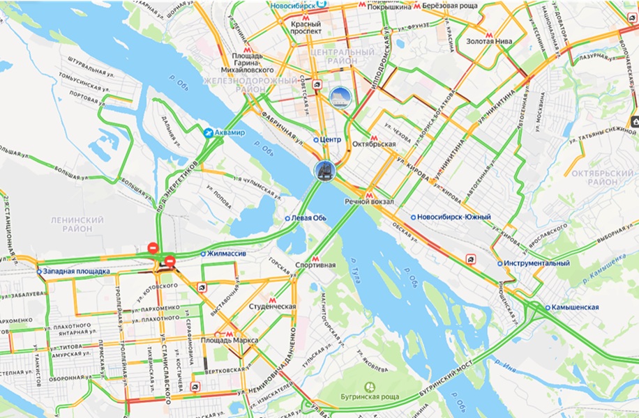 Судя по карте пробок Яндекса, к обеду воскресенья новосибирцы стояли в бордовой пробке на улице Ипподромской