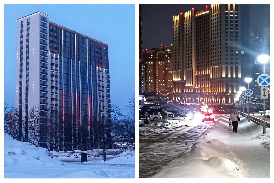 Оба здания визуально «вытаскивает» наверх их подсветка.