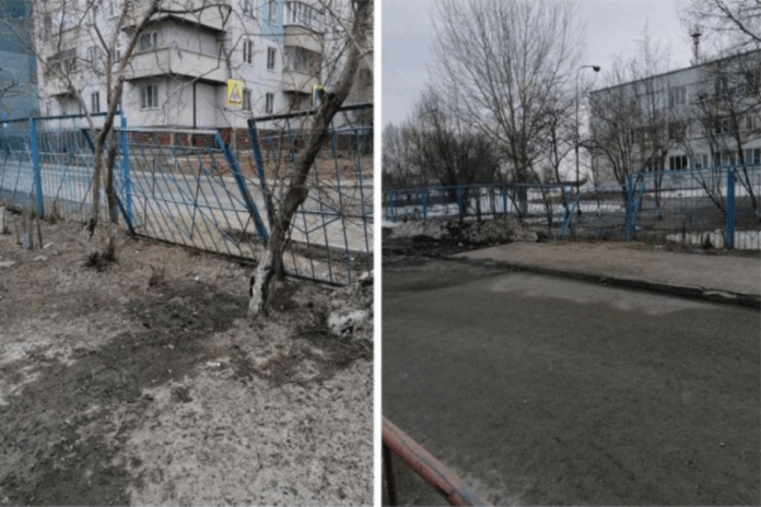 Снегоуборочная техника повредила забор школы №195 в Новосибирске